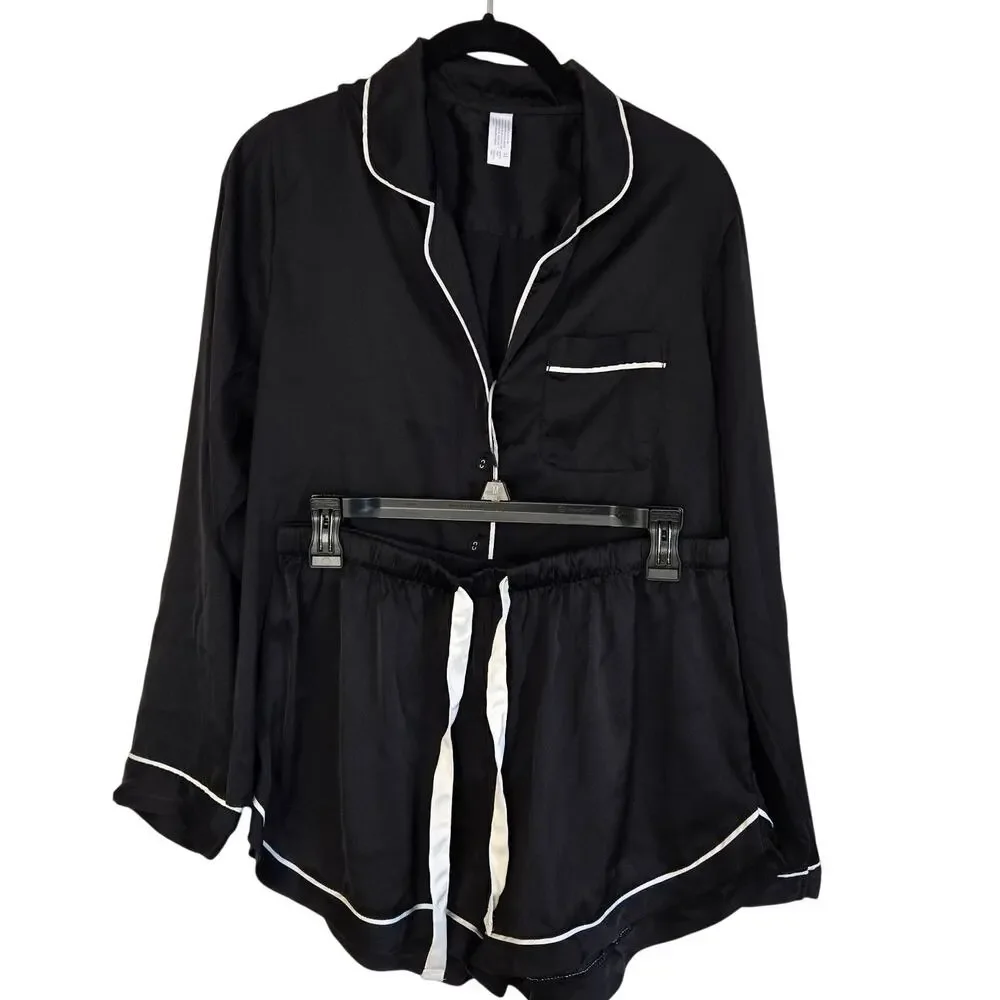 Satin Chic Pajama Set BLK/White Piping Button‑Up Top & Drawstring Shorts Medium